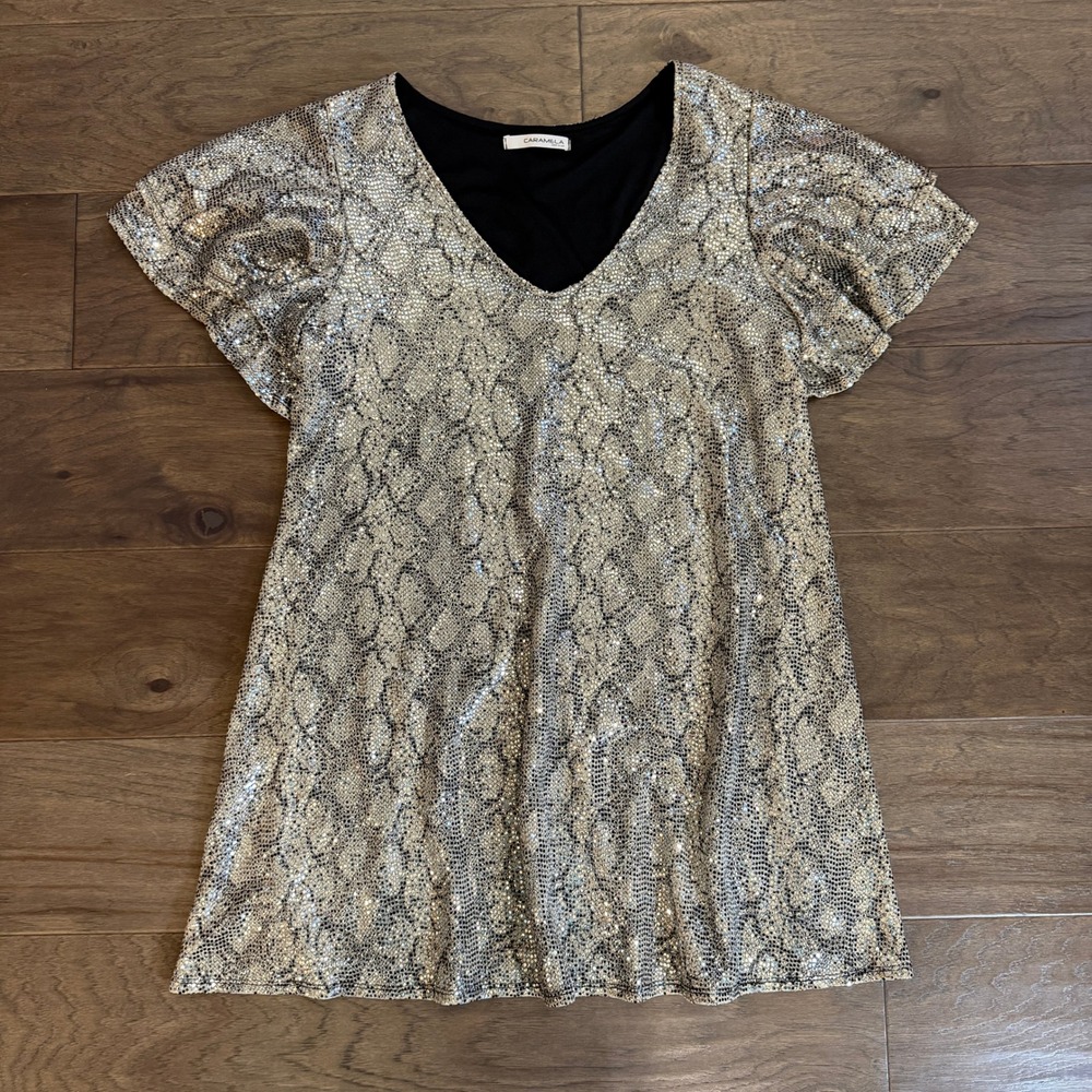 CARAMELA Sparkly Snake Print V Neck Flutter Sleeve‎ Mini Dress Womens Small